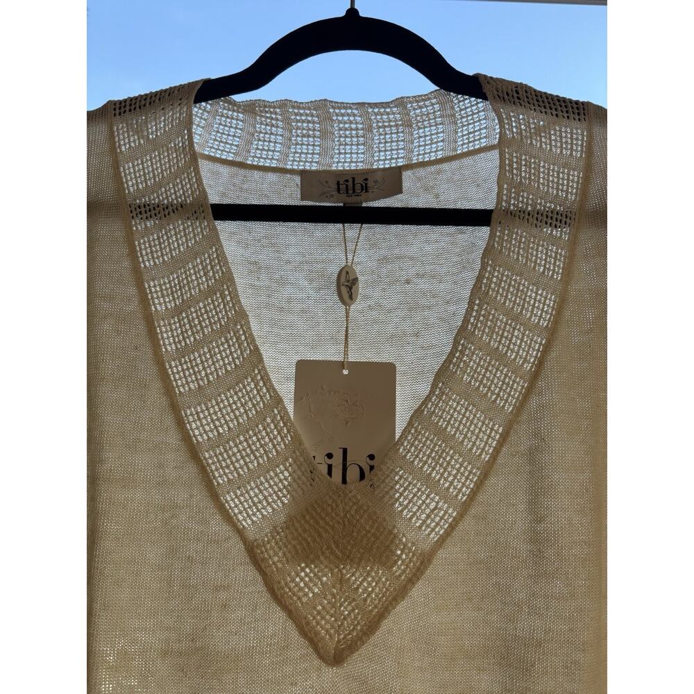 Tibi Cream Color Size Lg V-neck Knit w/ Lattice Detail At Neckline Linen Silk - Picture 3 of 5
